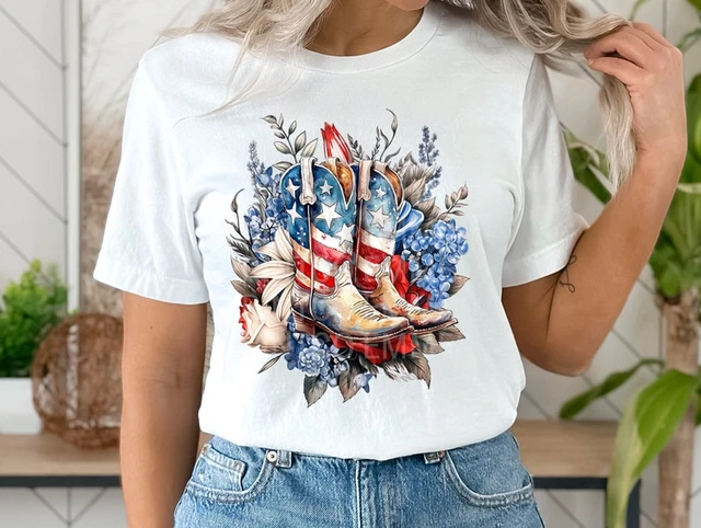 American Flag Cowgirl Boots 4th July Shirt - Patriotic Red White Blue Tshirt