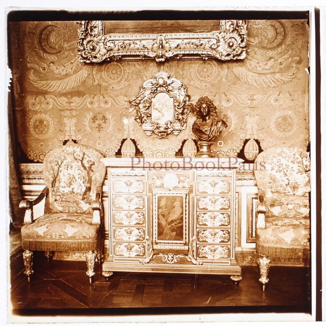 FRANCE Versailles Château Meuble c1910 Photo Plaque de verre Stereo Vintage
