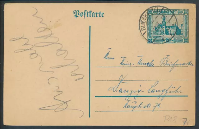 Saargebiet Saar P 18 Ganzsache Blieskastel 1925 Postkarte