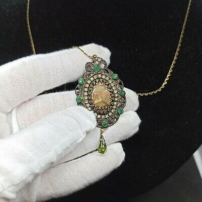 Michal Negrin Necklace Cameo Long Pendant Victorian Vintage Crystals Signed New