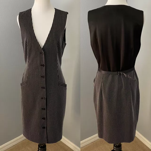 Diane Von Furstenberg Size 10 Pinstriped V Neck Button Front Dress Black White