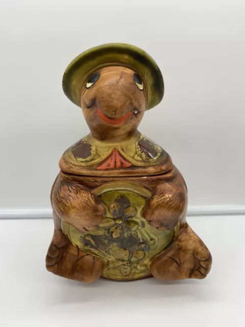 1960's California Pottery Happy Hippy Sitting Turtle Cookie Jar 12-1/2" AS IS