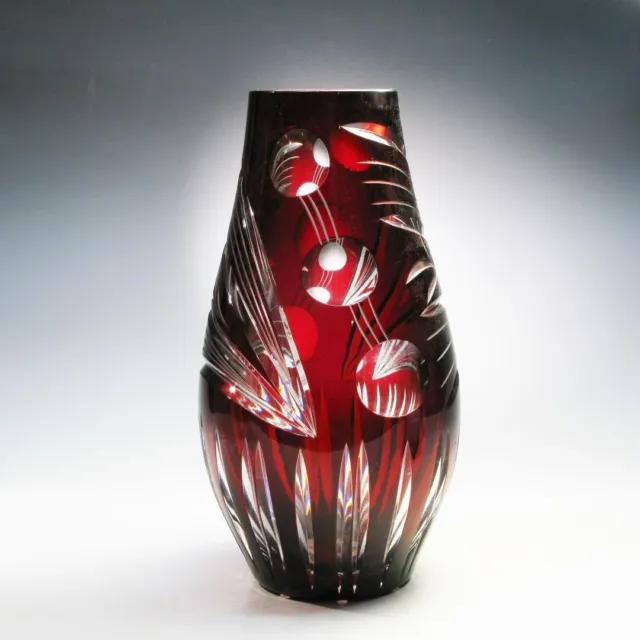 Vintage Ruby Red Vase, Cut To Clear Crystal Bohemian Glass 10 1/2 “ Tall