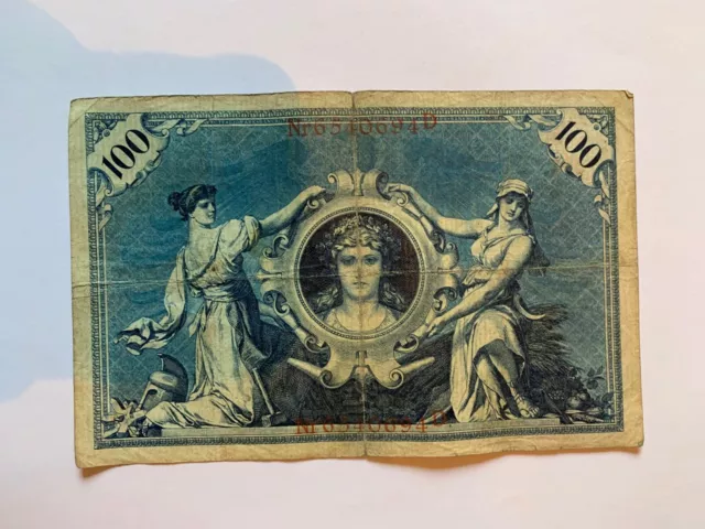 Reichsbanknoten / 100 Mark / 7. Februar 1908 / Roter Stempel / Nr. 6540694 D