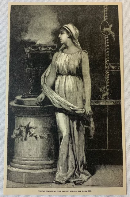 1887 magazine engraving ~ VESTAL VIRGIN WATCHING THE SACRED FIRE