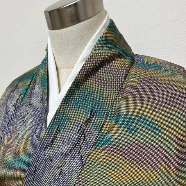 Japanese Kimono Oshima Tsumugi Silk Pongee 163cm Wood Pattern Multicolor
