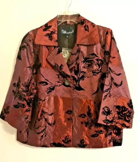 Womens Sz M Jacket Blazer Crinkle w/black Velvet Floral Embossed by SUSAN GRAVER