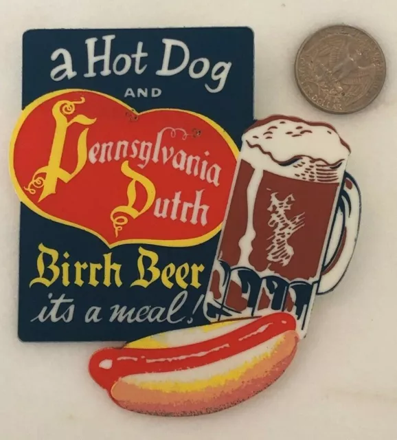 Vintage PENNSYLVANIA DUTCH BIRCH BEER Soda & a Hot Dog LARGE PIN Advertise 4-in