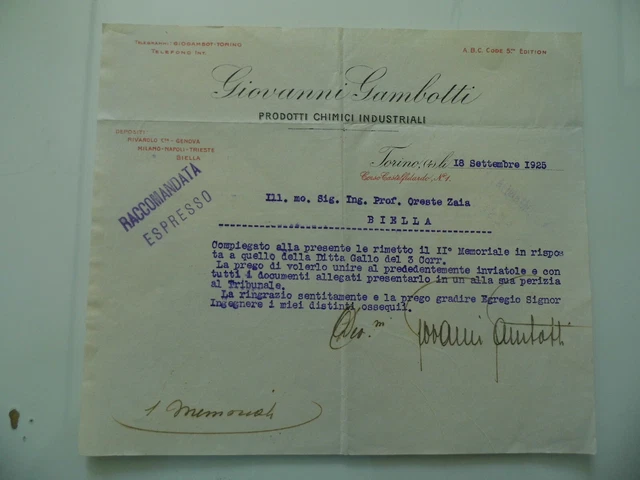 Lettera Commerciale "GIOVANNI GAMBOTTI PRODOTTI CHIMICI INDUSTRIALI TORINO" 1925