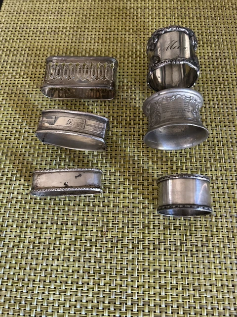 6 mixed set 2 Sterling & 3 Silver Plated , 1 Pewter Napkin Rings - Antique