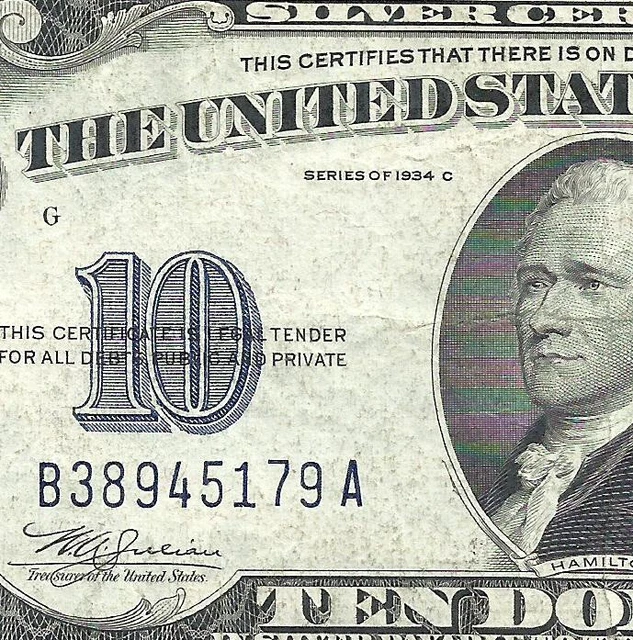 1934C $10 BLUE Seal SILVER Certificate! (~VF~) Old US Paper Money Currency!