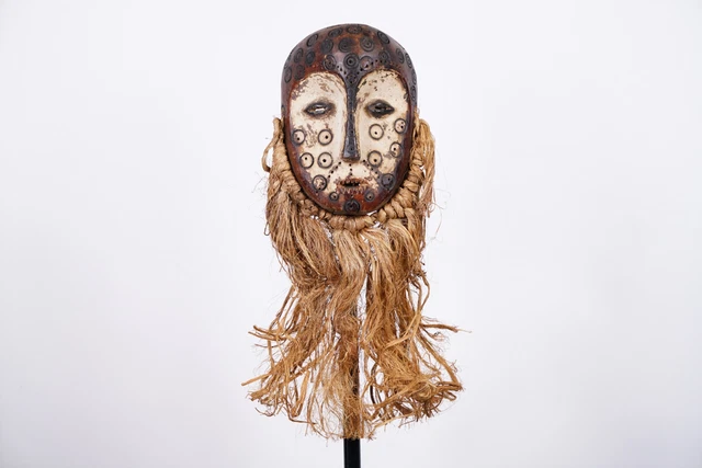 Lega Mask with Circular Designs 22" with Raffia - DR Congo