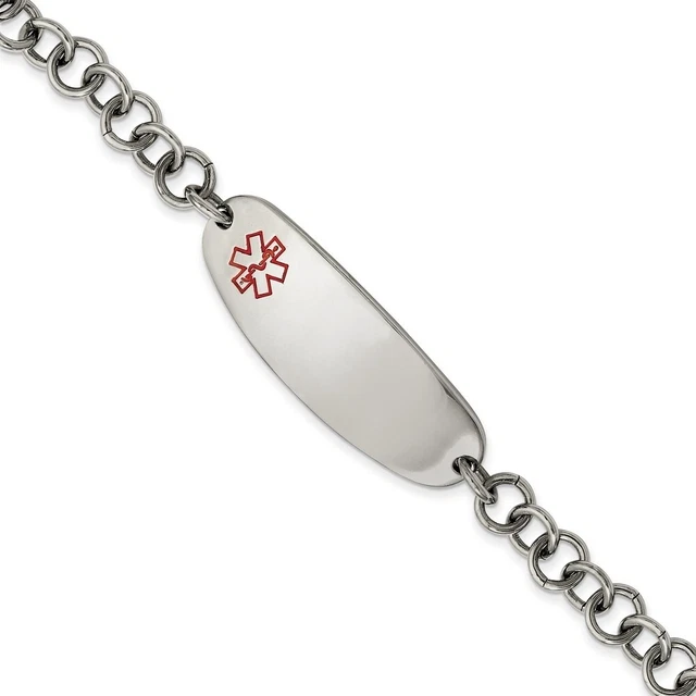 Stainless Steel Red Enamel Medical I.D. Bracelet, 7.25 Inch