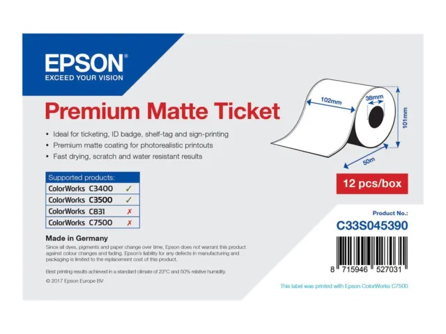 Epson Premium Matte Ticket Roll: 102mm x 50m Opaco 107 g/m² C33S045390