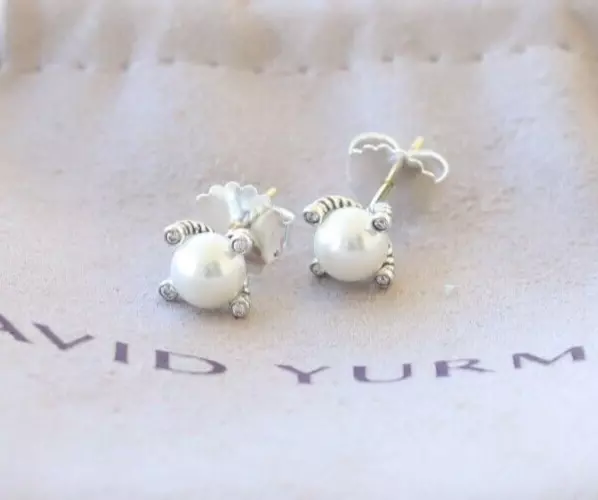 David Yurman 6mm Sterling Silver Pearl Stud Earrings with Diamonds