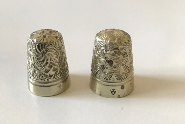 A Pair of Antique Charles Iles Patterned  Silver Nickel Thimbles Early 1900's