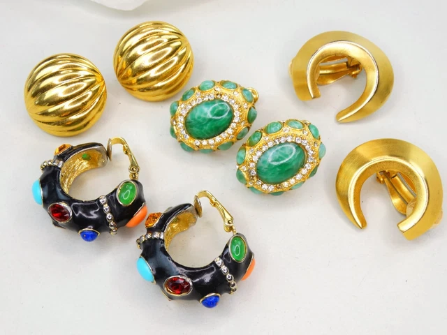 Lot Couture Earrings Kjl Monet Anne Klein Vtg Mogul Gripoix Glass Cabs Hoop Jade