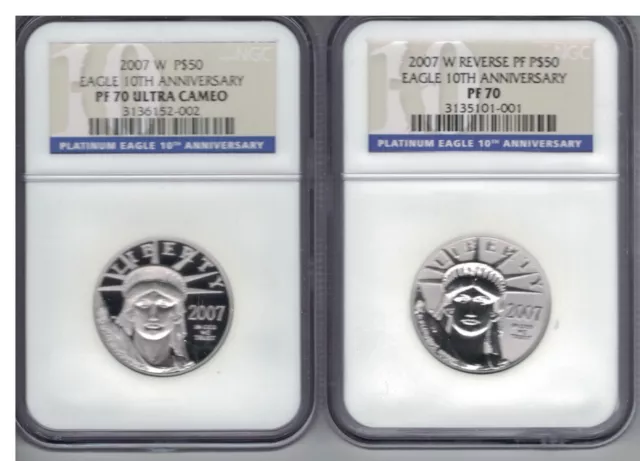 2007 W 10th ANNIVERSARY $50 PLATINUM SET NGC PR70 PF70 PROOF & REVERSE 2-COINS