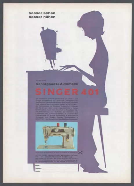 Original Reklame 1960, Singer 401 Nähmaschine, Illustration, 60er, Handarbeit