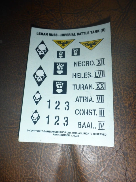 WARHAMMER 40K LEMAN Russ Imperial Battle Tank B Decals Transfers Full warhammer-40k-leman-russ-imperial-battle-tank-b-decals-transfers-full
