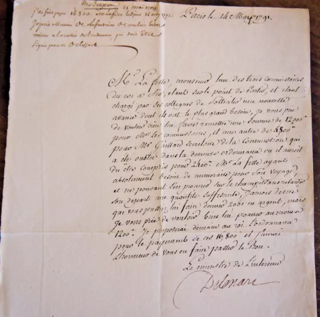 1791 lettre de claude antoine de valdec de lessart  ministre de l'interieur 2