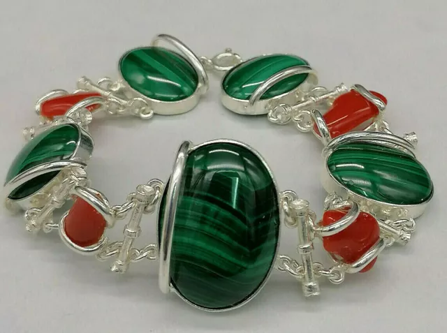 Femmes Bracelet Corail Rouge Authentique Malachite Argent Bijou Italien