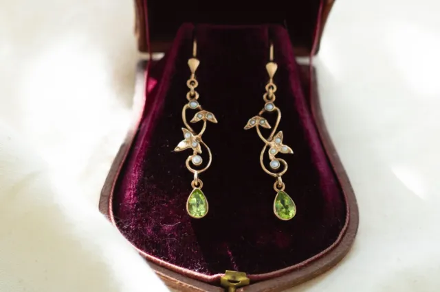 Jugendstil Ohrringe Peridot, Art Nouveau, Halbperlen, Vintage, Brautschmuck