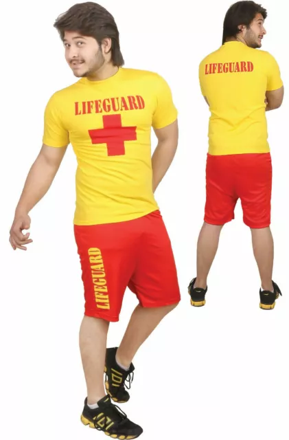 Boys Girls Lifeguard Beach swimming Costume beach yellow shirt top red shorts