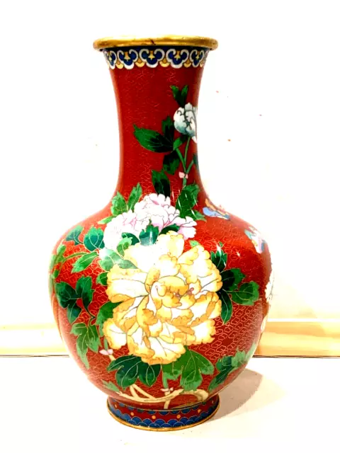 Antique Chinese Hand Painted Enamel Cloisonne Huge 12.5"H Vase Flowers Design