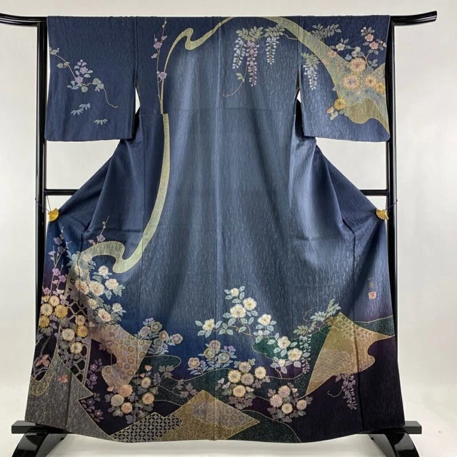 Woman Japanese Kimono Houmongi Silk Flower Running Water Somewake BlueGray Sign