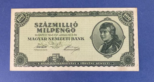 1x Hungary 100 Trillion Pengo 1946 milpengo series P-130 - UNC- Hyperinflation