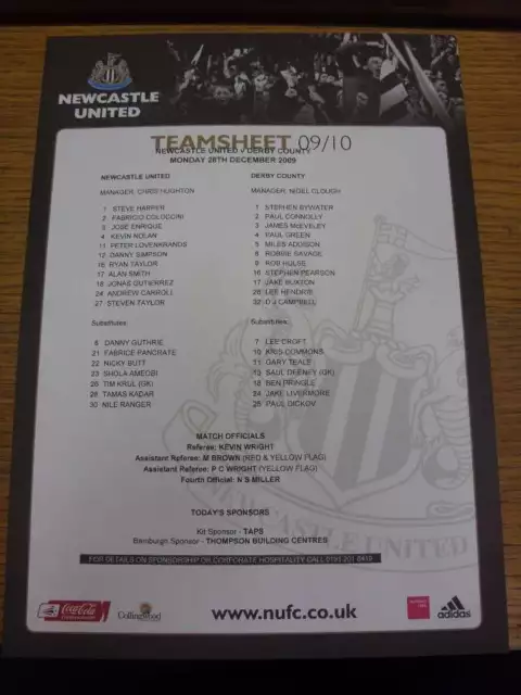 28/12/2009 Colour Teamsheet: Newcastle United v Derby County  . If this item has