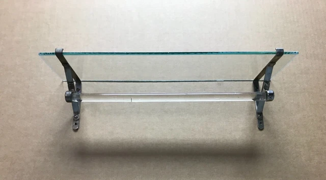 Antique VTG Nickel Brass 18" Glass Shelf 16" Towel Bar Old Made in USA 1580-23B