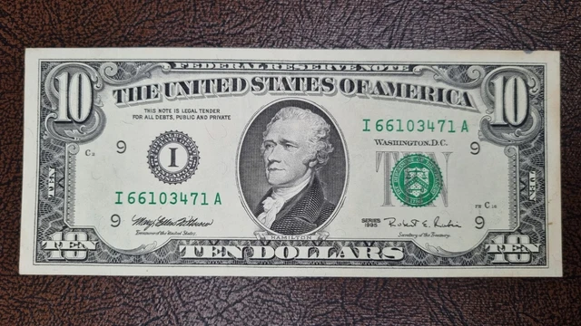 1995 Ten Dollar Bill $10 Federal Reserve Note Better Grade #53843