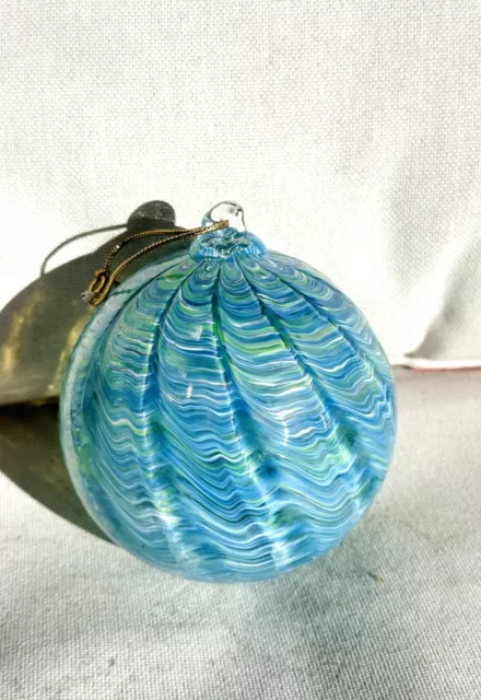 HandBlown Art Glass Ornament Aqua Blue Swirl Orb ~ 3.25" Suncatcher Round Ball