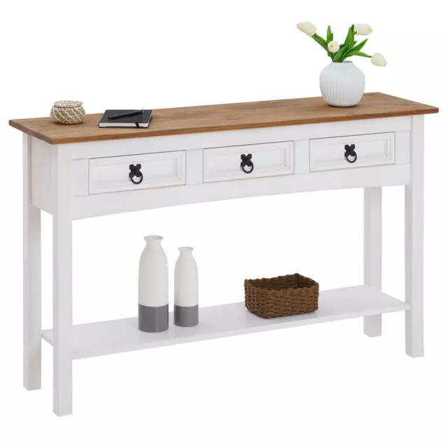 Table console meuble d'appoint style mexicain 3 tiroirs en pin massif blanc/brun