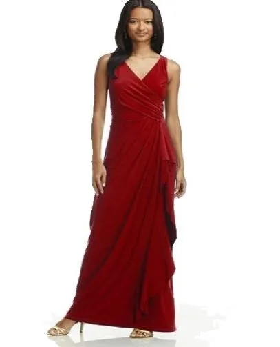 CHAPS RALPH LAUREN L 12 Formal Dress Red Maxi Evening Gown Surplice Ruffle Drape