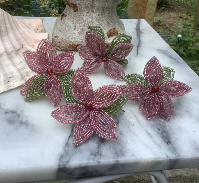 4 POTTERY BARN Beaded Flower NAPKIN RINGS Botanical Spring Summer Garden Party