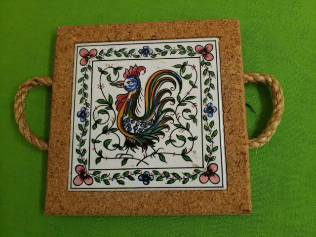 Portuguese Ceramic Tile w Rooster in Cork Holder w Rope Handles for Hot Dishes.