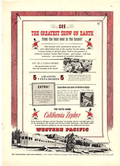 1953 Western Pacific PRINT AD Railroad Train California Zephyr Great Vintage Dec