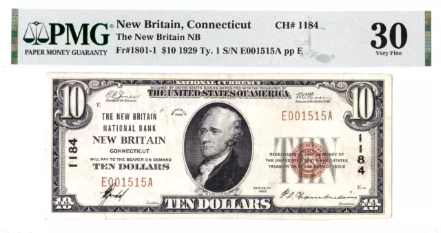 $10 1929 T`1 National NEW BRITAIN Connecticut CT 🇺🇸 PMG 30 Very Fine! 🇺🇸