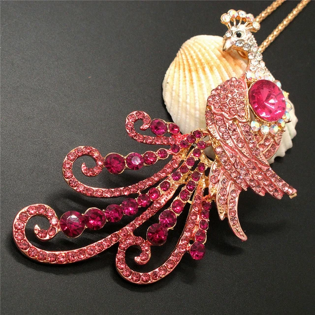 New Shiny Pink Big Peacock Crystal Betsey Johnson  Pendant Sweater Girl Necklace