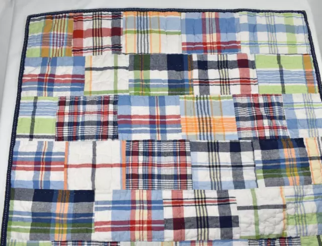 Pottery Barn Kids Madras Plaid Patchwork Toddler Quilt 35x49 Blanket Blue Green