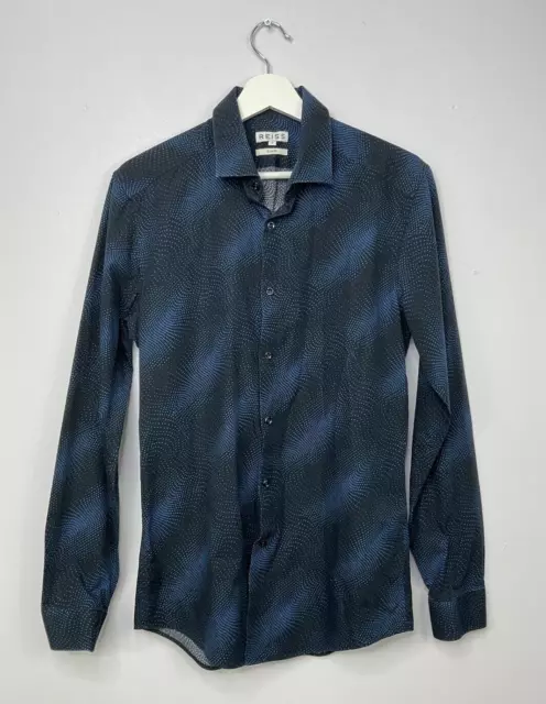 REISS Mens Navy Blue Abstract Spot Print Long Sleeve Shirt Size Medium Slim Fit