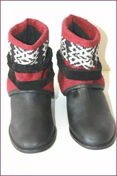 ZARA Bottines Boots Cuir Noir Revers Textile Coloré T 36 TTBE 2