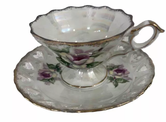 Beautiful Vintage Japan Lusterware Floral teacup & Saucer w/cut Out Hearts