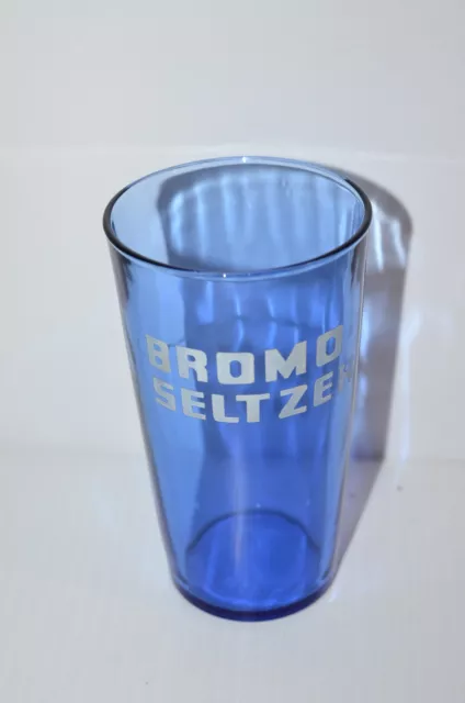 Vtg BROMO SELTZER Dispenser Blue drinking Glass Drug store Advertising 5" 2