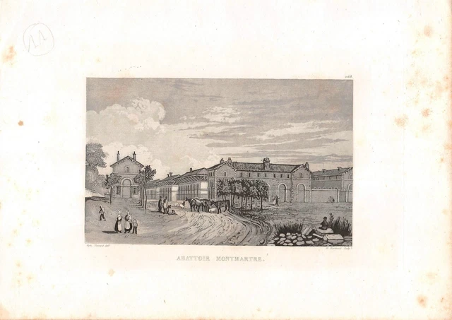 Engraving View of Paris - Montmartre Slaughterhouse - circa 1840