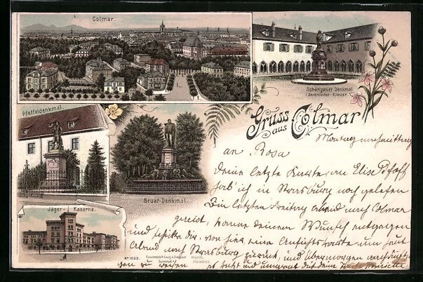 LITHOGRAPHIE COLMAR J GER CASERNE Pfeffeldenkmal Bruat monument 1897 