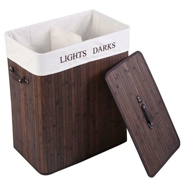 Bamboo Laundry Hamper Bag Wicker Holder Dirty Clothes Storage Basket W/ Lid